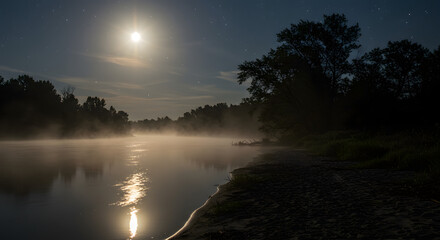 A nocturnal river scene featuring a bright full moon.