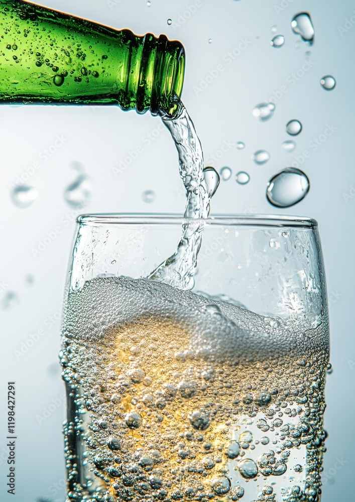 Aufkleber refreshing green bottle pouring sparkling water into a clear glass with bubbling effervescence and d