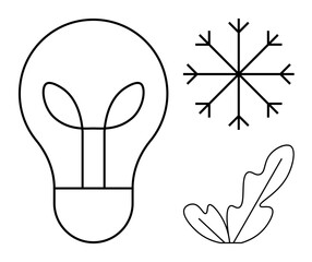 Lightbulb, snowflake, and leaf outline. Ideal for themes of innovation, environmental consciousness, sustainability, winter, nature seasonal change abstract design. Modern and minimalist aesthetic