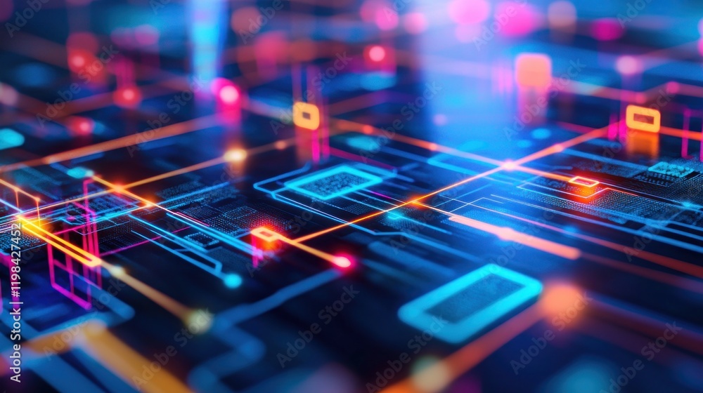Poster abstract digital circuitry: a vibrant visualization of interconnected nodes and pathways in a futuri