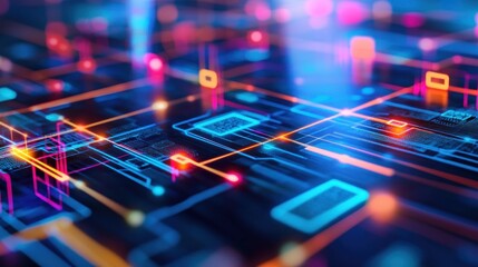 Abstract Digital Circuitry:  A vibrant visualization of interconnected nodes and pathways in a futuristic technological network.