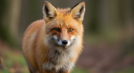 Fototapeta premium A close-up image features a red fox, known scientifically as Vulpes vulpes, situated in a wooded area during the autumn season. The orange-furred fox is looking
