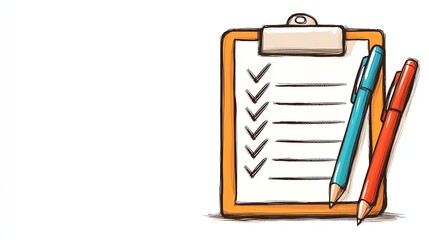 A clipboard with a checklist and two colorful pens, symbolizing organization and task management.
