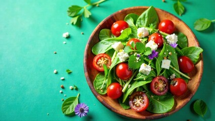 A vibrant spinach salad with ripe cherry tomatoes and creamy cheese cubes, garnished with edible flowers, served in a rustic wooden bowl on a teal background.