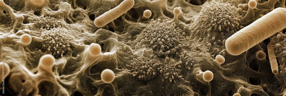Poster Dense layer of microbes observed under microscopic view showcasing diverse microbial life forms and structures. Generative AI