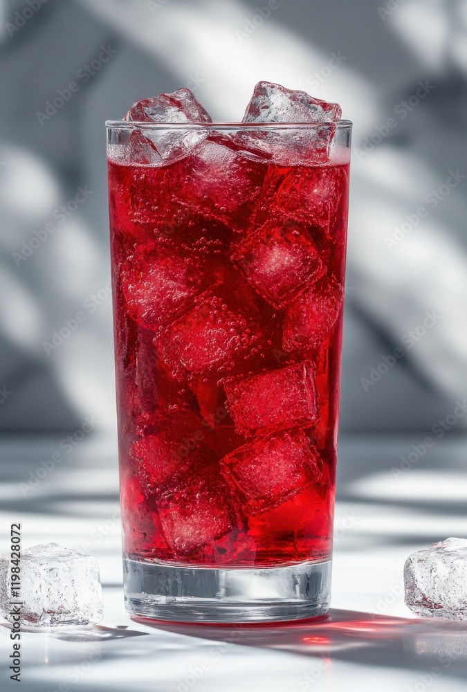 Poster refreshing red beverage with ice cubes in a clear glass creating a vibrant contrast against soft sha