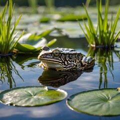 Fototapeta premium Tranquil Waters: Northern Lade Pool Frog on Lily Pad with Mirror-Like Reflections