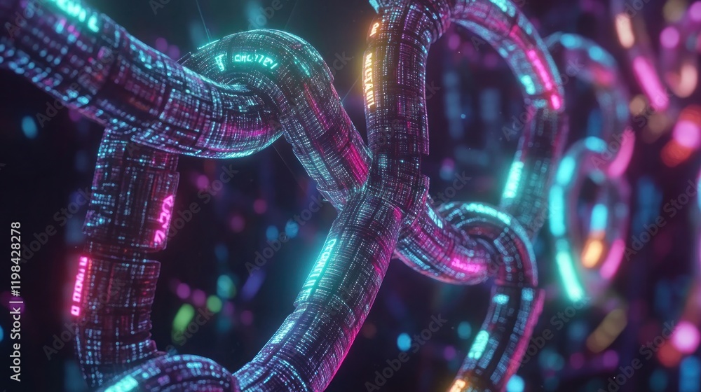 Poster neon blockchain: digital chain links with glowing data