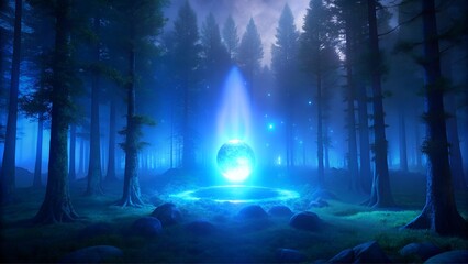 Obraz premium Luminous orb emerging from a mystical forest with ethereal light, aura of magic and wonder 