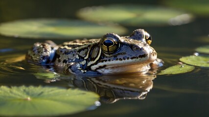 Clear Waters: Northern Claude Pool Frog Gliding Through Sunlit Pond Ripples