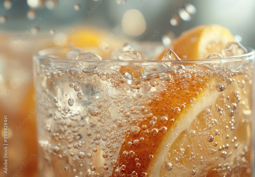 Poster refreshing sparkling beverage with lemon slices and bubbles captured in a bright and inviting atmosp