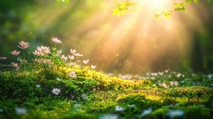 Obraz premium Enchanted Forest: Sunbeams Dance on Mossy Bloom