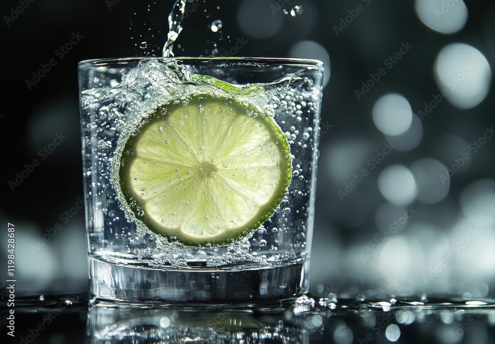 Poster refreshing splash of lime in clear water with bubbles captured in a stunning detail against a soft f