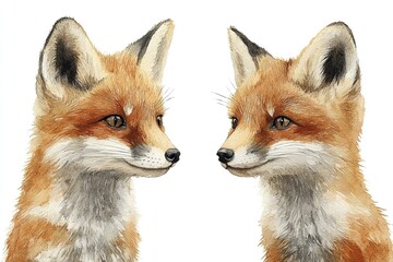 Obraz premium Two realistic fox heads facing each other, showcasing detailed fur and expressions.
