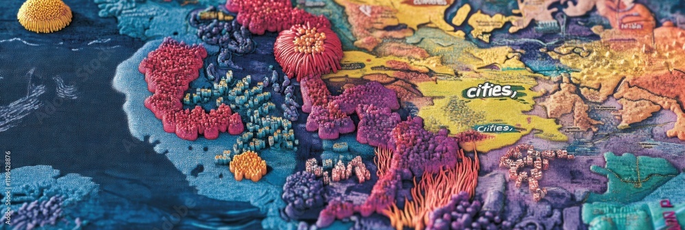 Aufkleber playful representation of colorful bacteria colonies as cities in a vibrant fictional map. generativ