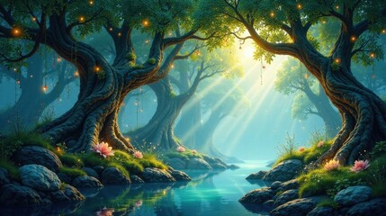 Enchanted Forest River Scene Mystical Sunbeams Illuminate Ancient Trees and Serene Waters