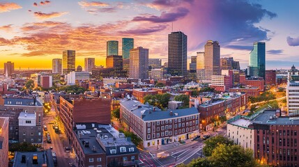 Obraz premium Panoramic sunset view of Boston city skyline.