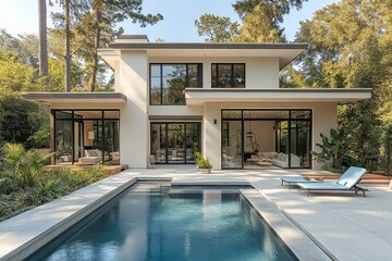 Fototapeta premium Modern two-story small house with pale cream walls, white ceiling, dark windows, and a pool in the backyard, featuring a covered porch, concrete patio, and native landscaping.
