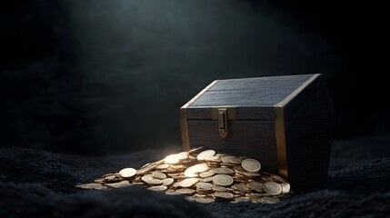 Fototapeta premium A treasure chest overflowing with coins, illuminated by soft light, creates an enchanting atmosphere of mystery and wealth.