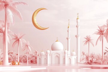 Elegant 3D-style background with golden crescent moon, pink palm trees & minimalistic mosque on soft pink-gray gradient. Perfect for festive text & Eid designs.