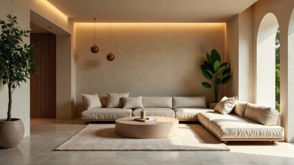 Fototapeta premium Modern Minimalist Living Room Design Featuring a Neutral Color Palette and Natural Light