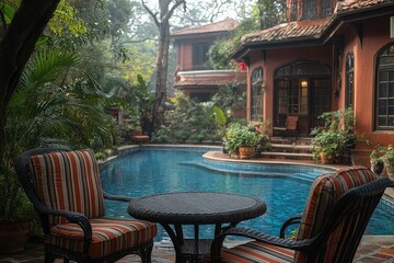 Fototapeta premium Garden table and chairs with a striped chair in the front lawn of an Indian home, near a swimming pool area, captured during the day.
