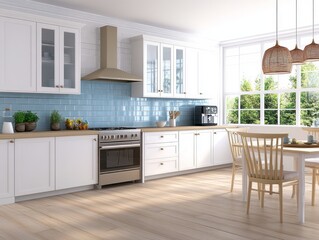 Bright Modern Kitchen With White Cabinets And Blue Tile Backsplash
