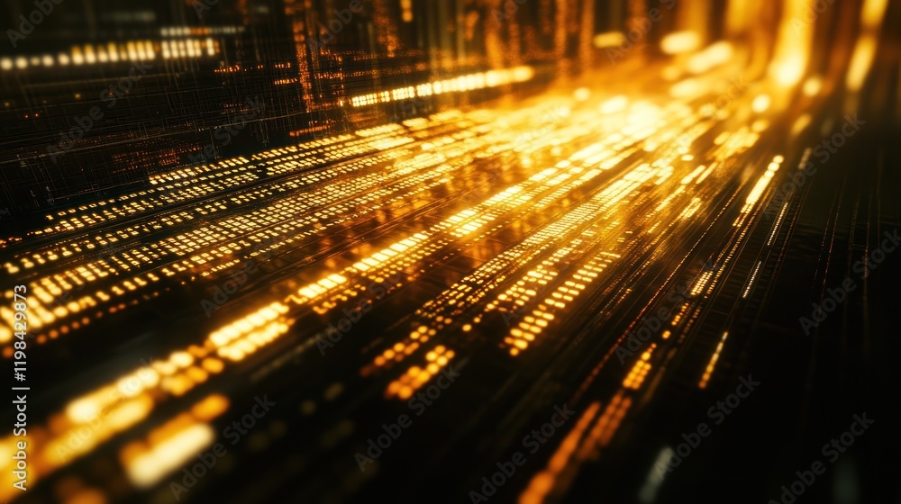Poster abstract digital data stream: glowing golden binary code