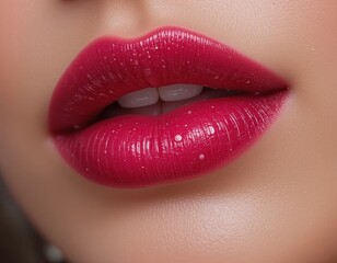 Obraz premium Close-up of Sensual Lips with Deep Red Glossy Lipstick