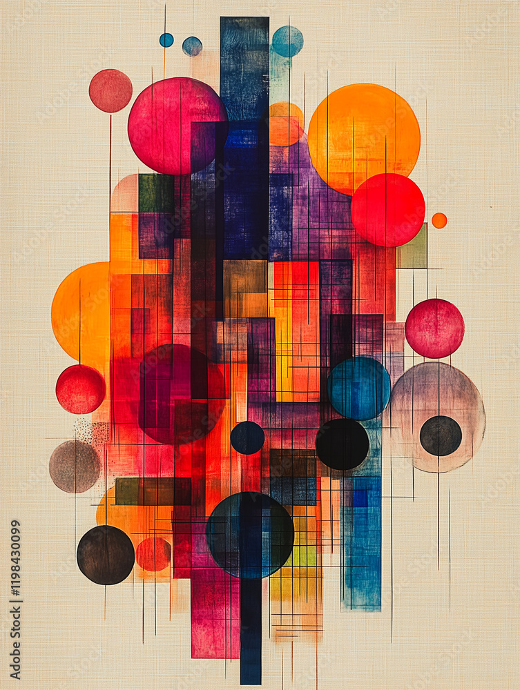 Aufkleber abstract geometric composition: vibrant watercolor circles and geometric shapes interlock, creating 