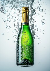 Sparkling Champagne Bottle Submerged in Water with Bubbles Rising, Showcasing Effervescent Beverage in an Artistic Underwater Composition