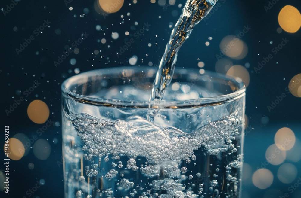 Poster sparkling clear water pouring into a glass creating bubbles and reflections with soft background bok