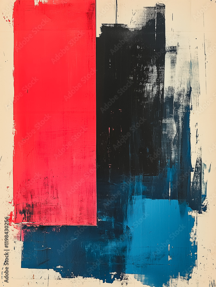Aufkleber abstract expressionism: bold strokes of vibrant red, deep black, and cerulean blue intertwine in an 