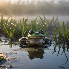 Obraz premium Dawn’s Embrace: Marsh Frog in Foggy Marsh with First Light