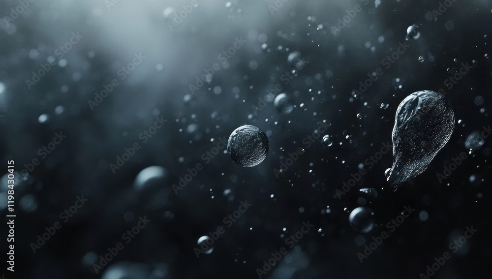 Poster stunning close-up of floating water droplets in dark atmosphere with subtle light reflections and ab
