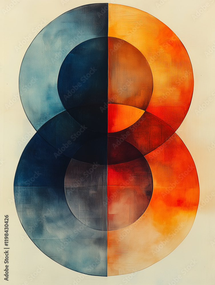 Poster intertwined circles: a captivating abstract art print featuring two interlocking circles, one in coo