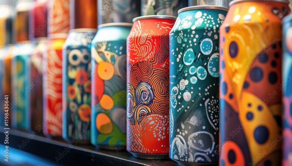 Poster vibrant collection of artistically designed cans showcasing colorful patterns and bubbles in a trend