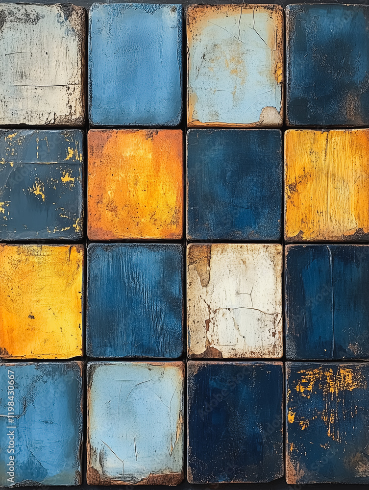Aufkleber abstract mosaic of blue and yellow: a mesmerizing abstract composition features an array of square t
