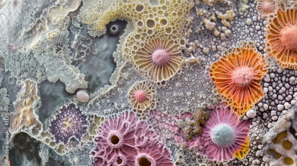 Poster dense microbial layer showcasing vibrant colors and unique structures in a natural environment. gene