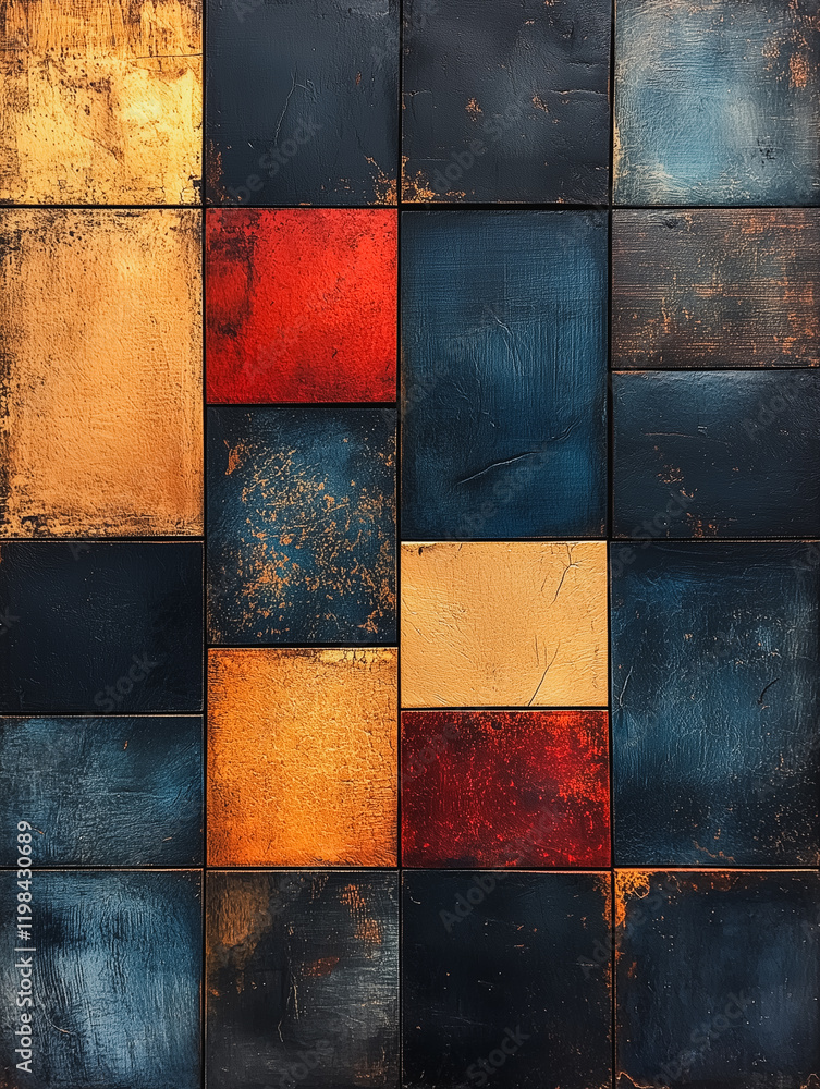 Poster textured tile mosaic: an abstract composition of squares, each exhibiting a distinct color and textu