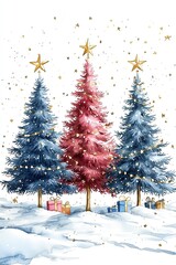 Three colorful Christmas trees with gifts in a snowy landscape.