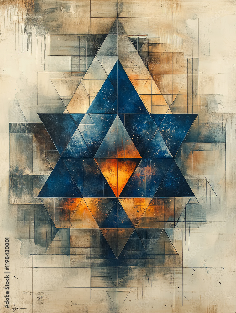 Poster abstract geometric art: a mesmerizing abstract painting features a complex, layered design composed 