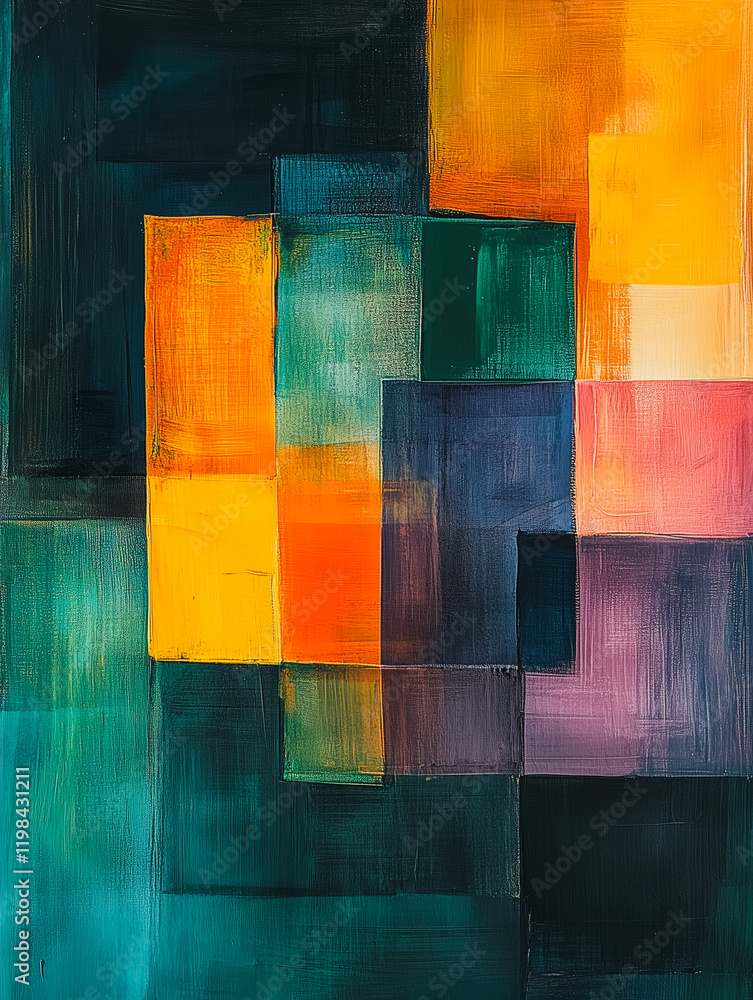 Poster abstract color block canvas: a vibrant, abstract painting featuring bold blocks of teal, orange, pur