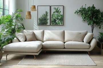 Beige suede fabric L-shaped sofa with gold legs and armrests, modern living room with white wall and plants in the corner.