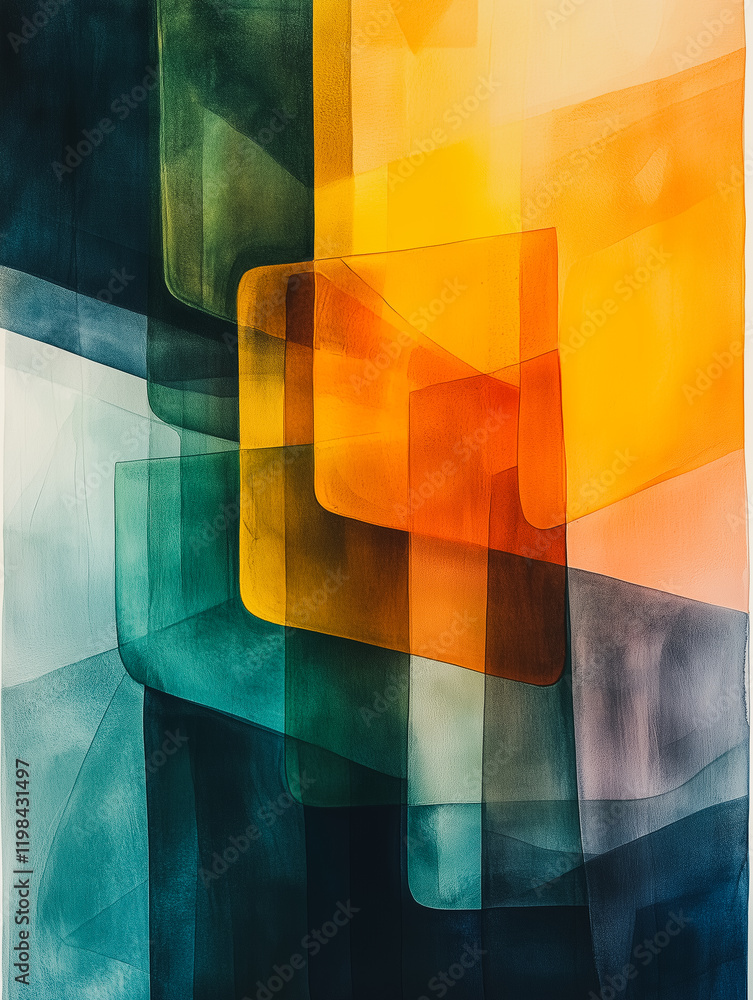 Poster abstract layers in teal and gold: a mesmerizing abstract art piece featuring overlapping layers of t