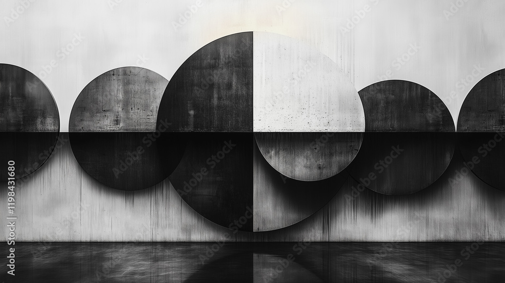 Poster geometric abstraction: a series of circular forms, rendered in shades of grey, overlap and intersect