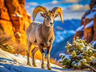Obraz premium Majestic bighorn ram, winter's stark beauty, Zion's macro lens captures Utah wildlife.