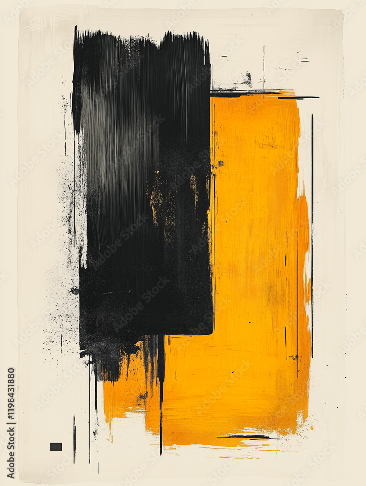 Poster abstract expressionism: bold strokes of black and vibrant yellow create a dynamic interplay of color