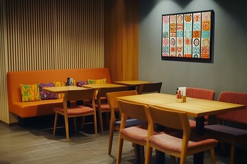 Modern Restaurant Interior with Colorful Banquette & Geometric Artwork