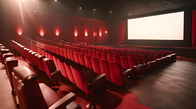 An empty cinema auditorium with red velvet seats, dim golden lights casting soft shadows, a large silver screen at the front, and a vintage popcorn machine in the corner
